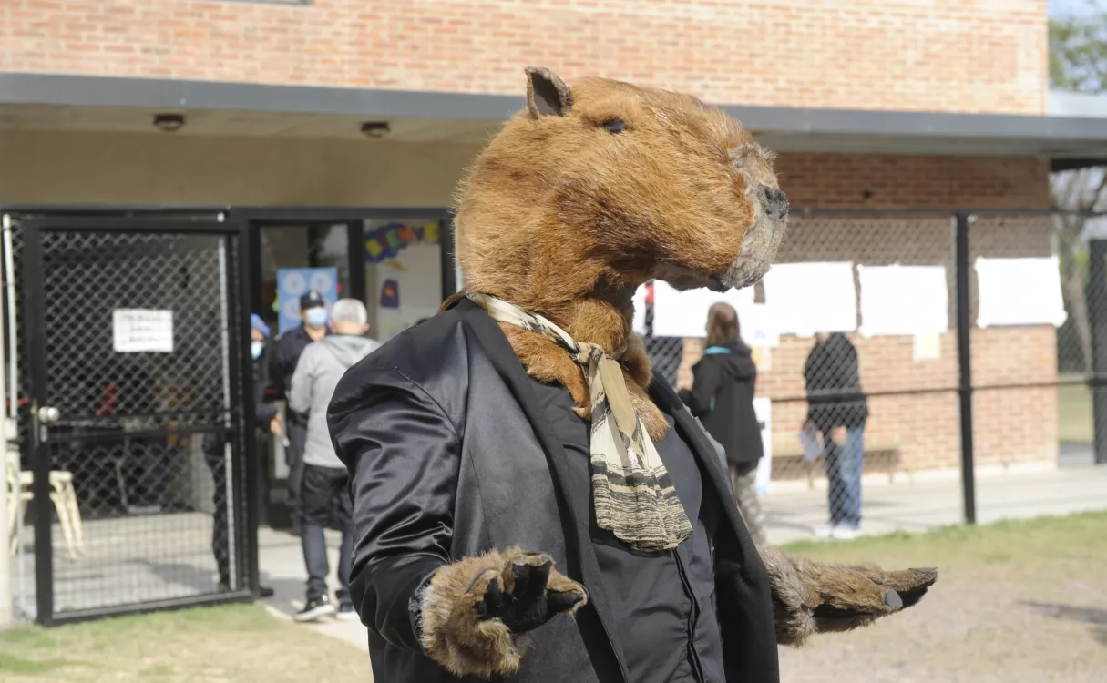 Fue a votar vestido de carpincho en una escuela de Nordelta