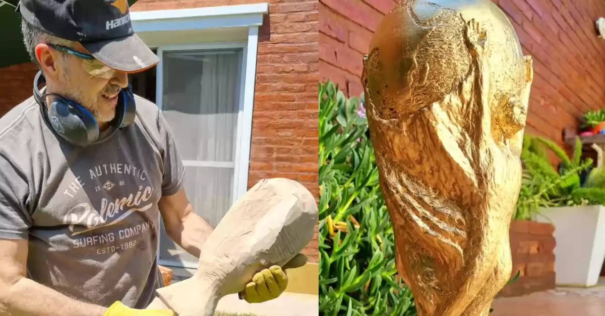 Un sanlorencino talló una réplica de la Copa del Mundo en madera 