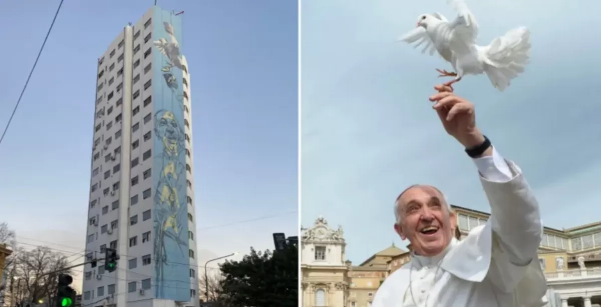 Martín Ron pinta en La Plata el mural del Papa Francisco más grande del mundo