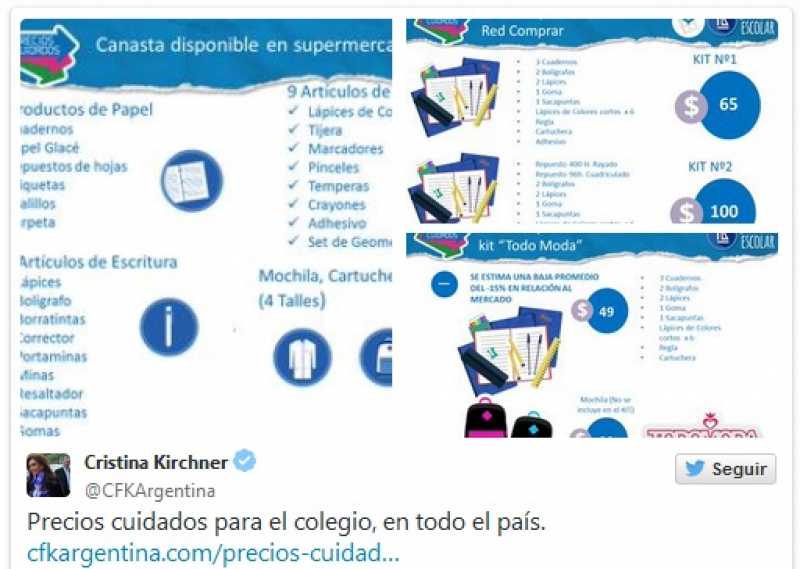 Cristina publicó ofertas de la canasta escolar de Precios Cuidados por Twitter