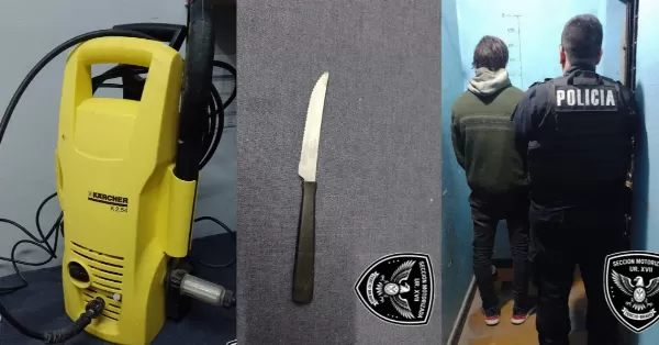 Beltrán: caminaba con una hidrolavadora al hombro y un cuchillo en la cintura y fue detenido 