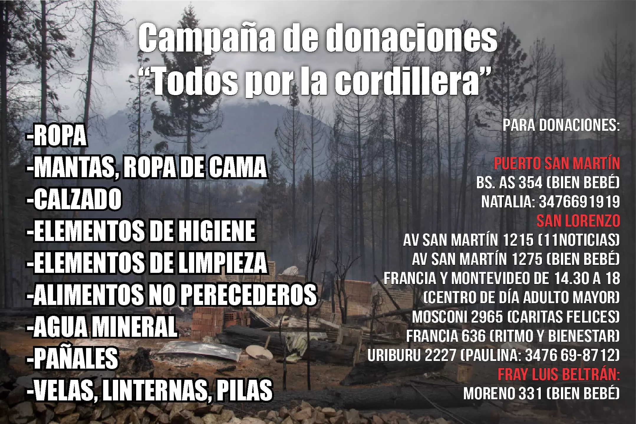 Campaña de donaciones en la región para ayudar a familias afectadas por los incendios en la patagonia