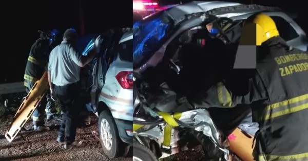 Un auto y un camión colisionaron en Ruta A012 y una mujer debió ser rescatada por bomberos 