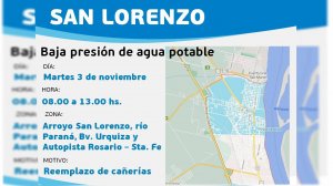 Por tareas programadas habrá baja presión de agua el martes en San Lorenzo